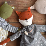 Mae the Barn Cat -Striped Linen Dress- Handmade Wool Doll - Woolgrass Farm