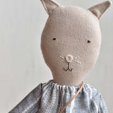 Mae the Barn Cat -Striped Linen Dress- Handmade Wool Doll - Woolgrass Farm