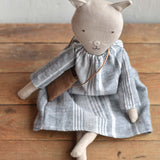 Mae the Barn Cat -Striped Linen Dress- Handmade Wool Doll - Woolgrass Farm