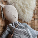 Mae the Barn Cat -Striped Linen Dress- Handmade Wool Doll - Woolgrass Farm