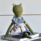 Fern the Frog –Heirloom Doll in Blue Floral Blouse & Linen Apron