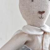 Ruthie the Rabbit – Heirloom Wool Doll in Oat Linen Dress