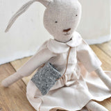 Ruthie the Rabbit – Heirloom Wool Doll in Oat Linen Dress