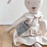 Ruthie the Rabbit – Heirloom Wool Doll in Oat Linen Dress