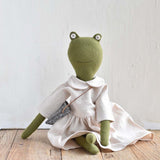 Fern the Frog – Heirloom Wool Doll in Oat Linen Dress