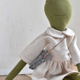 Fern the Frog – Heirloom Wool Doll in Oat Linen Dress