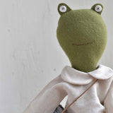 Fern the Frog – Heirloom Wool Doll in Oat Linen Dress