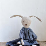 Ruthie the Rabbit – Heirloom Wool Doll in Indigo Chambray Dress