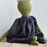 Fern the Frog – Heirloom Wool Doll in Indigo Canyon Dress