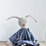 Ruthie the Rabbit – Heirloom Wool Doll in Indigo Chambray Dress
