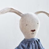 Ruthie the Rabbit – Heirloom Wool Doll in Indigo Chambray Dress