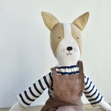 Fig the Frenchie –Heirloom Wool Doll in Maine Stripe & Brown Linen Overalls