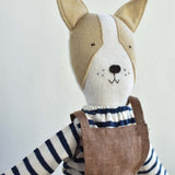 Fig the Frenchie –Heirloom Wool Doll in Maine Stripe & Brown Linen Overalls