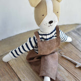 Fig the Frenchie –Heirloom Wool Doll in Maine Stripe & Brown Linen Overalls