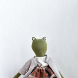 Fern the Frog – Fern — Heirloom Wool Frog in Flax Island Cardigan and Harvest Skirt