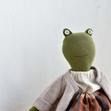 Fern the Frog – Fern — Heirloom Wool Frog in Flax Island Cardigan and Harvest Skirt