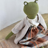 Fern the Frog – Fern — Heirloom Wool Frog in Flax Island Cardigan and Harvest Skirt