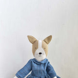 Fig the Frenchie –Heirloom Wool Doll in Linen Downeast Gather Dress
