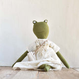 Fern the Frog – Heirloom Wool Doll in Eyelet Meadow Skirt