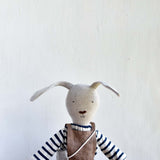 Ruthie the Rabbit – Heirloom Wool Doll in Harbor Stripe with Linen Overalls