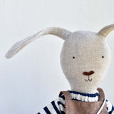 Ruthie the Rabbit – Heirloom Wool Doll in Harbor Stripe with Linen Overalls