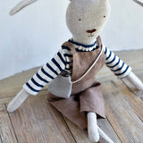 Ruthie the Rabbit – Heirloom Wool Doll in Harbor Stripe with Linen Overalls