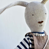 Ruthie the Rabbit – Heirloom Wool Doll in Harbor Stripe with Linen Overalls