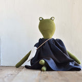 Fern the Frog – Heirloom Wool Doll in Indigo Canyon Dress