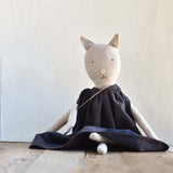Mae the Cat – Heirloom Wool Doll in Indigo Canyon Dress