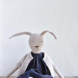 Ruthie the Rabbit – Heirloom Wool Doll in Island Cardigan & Navy Linen Plaid  Dress