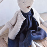 Ruthie the Rabbit – Heirloom Wool Doll in Island Cardigan & Navy Linen Plaid  Dress