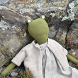 Fern the Frog- Heirloom Wool Doll in Island Cardigan with Flax Linen