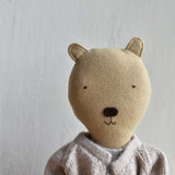 Agatha the Bear  — Heirloom Wool Doll in Alpaca Island Cardigan & Flax Linen Dress