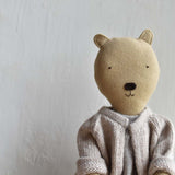 Agatha the Bear  — Heirloom Wool Doll in Alpaca Island Cardigan & Flax Linen Dress