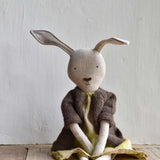 Ruthie the Rabbit – Heirloom Wool Doll in Chestnut Island Cardigan & Hay Linen Plaid Dress