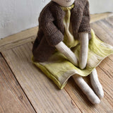 Ruthie the Rabbit – Heirloom Wool Doll in Chestnut Island Cardigan & Hay Linen Plaid Dress