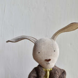 Ruthie the Rabbit – Heirloom Wool Doll in Chestnut Island Cardigan & Hay Linen Plaid Dress