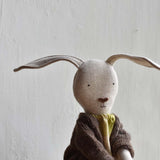 Ruthie the Rabbit – Heirloom Wool Doll in Chestnut Island Cardigan & Hay Linen Plaid Dress
