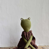 Fern the Frog- Heirloom Wool Doll in Plum Dot Dress
