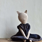 Mae the Cat – Heirloom Wool Doll in Islesboro Plaid Linen dress