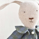 Ruthie the Rabbit – Heirloom Wool Doll in Field Plaid Linen Dress