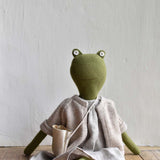 Fern the Frog- Heirloom Wool Doll in Island Cardigan with Flax Linen