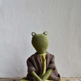 Fern the Frog- Heirloom Wool Doll in Island Cardigan and Hay Linen Dress