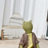 Fern the Frog- Heirloom Wool Doll in Island Cardigan and Hay Linen Dress