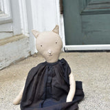 Mae the Cat – Heirloom Wool Doll in Islesboro Plaid Linen dress