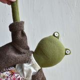 Fern the Frog- Heirloom Wool Doll in Island Cardigan with Liberty Floral