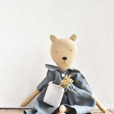 Agatha the Bear – Heirloom Wool Doll in Field Plaid Linen Dress