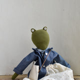 Fern the Frog –Heirloom Doll in Indigo Field Jacket & Eyelet Skirt
