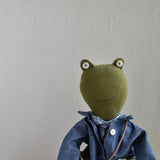 Fern the Frog –Heirloom Doll in Indigo Field Jacket & Eyelet Skirt