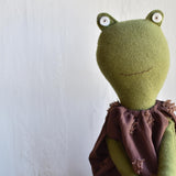 Fern the Frog- Heirloom Wool Doll in Plum Dot Dress
